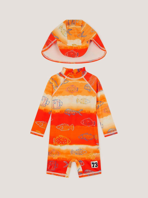 Monsoon Orange Fish Print UPF50+ Swimsuit & Sun Hat Set image 1