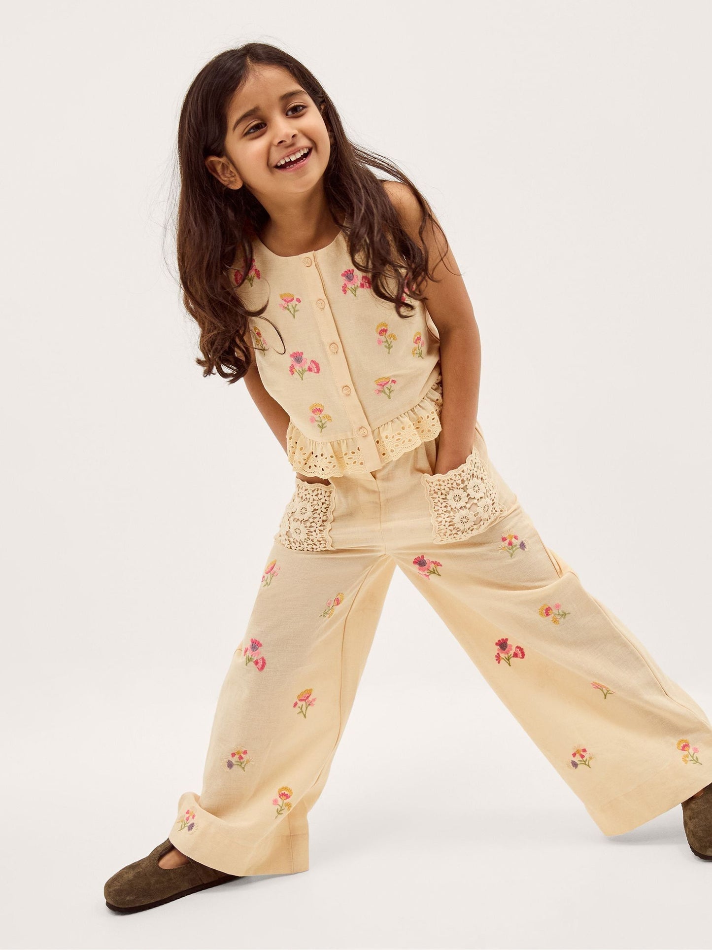 Monsoon Cream Cassia Floral Embroidered Top & Trousers Set image 1