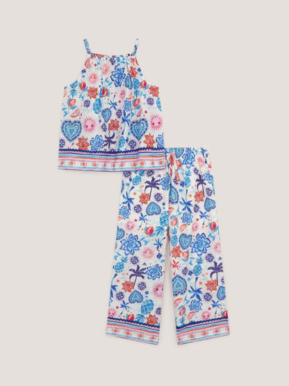 Monsoon Blue /Cream Summer Print Sleeveless Top & Trousers Set image 2
