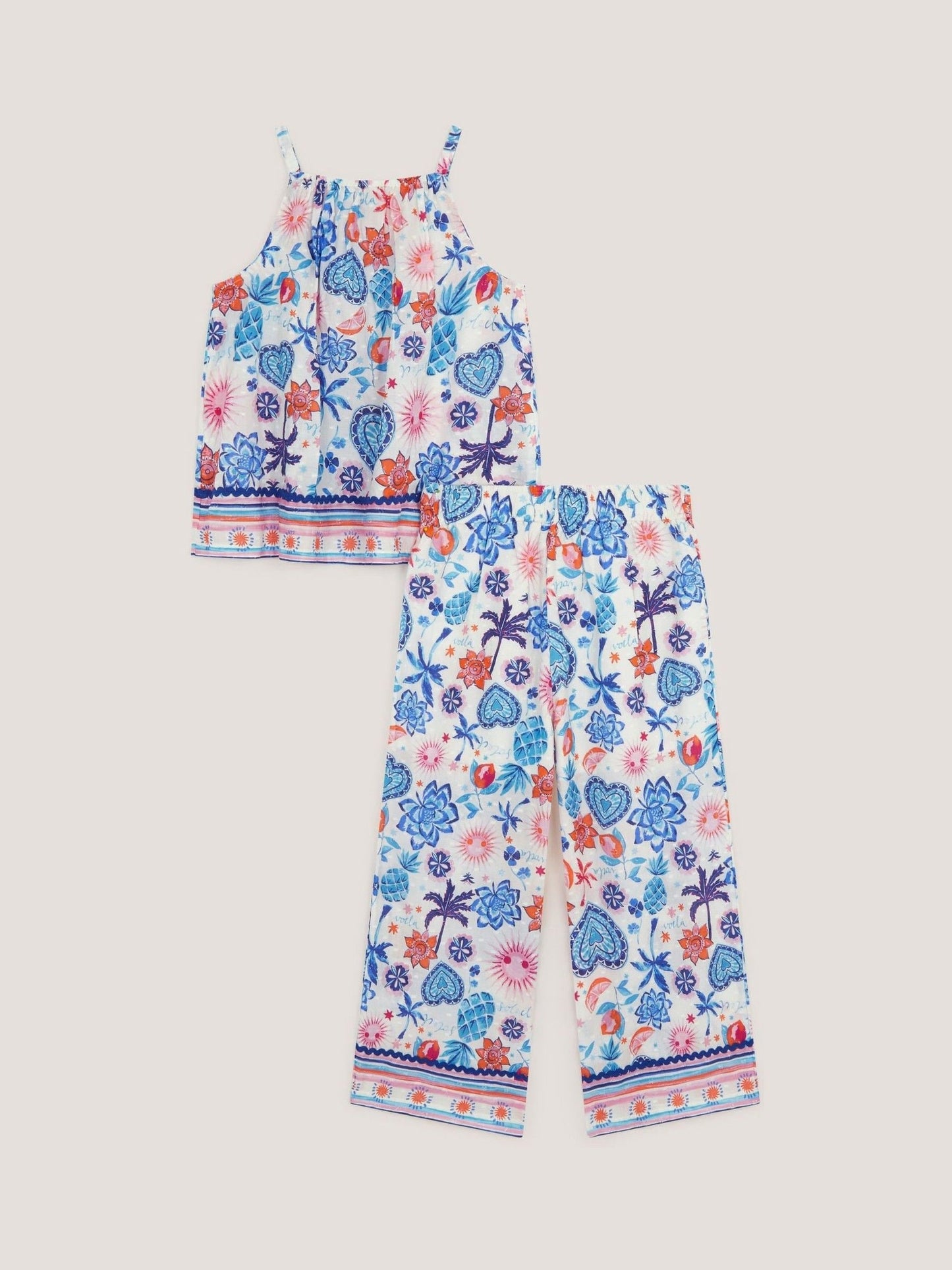 Monsoon Blue /Cream Summer Print Sleeveless Top & Trousers Set image 3