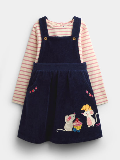 JoJo Maman Bébé Navy Blue Mouse Embroidered Velour Pinafore Set - image 1