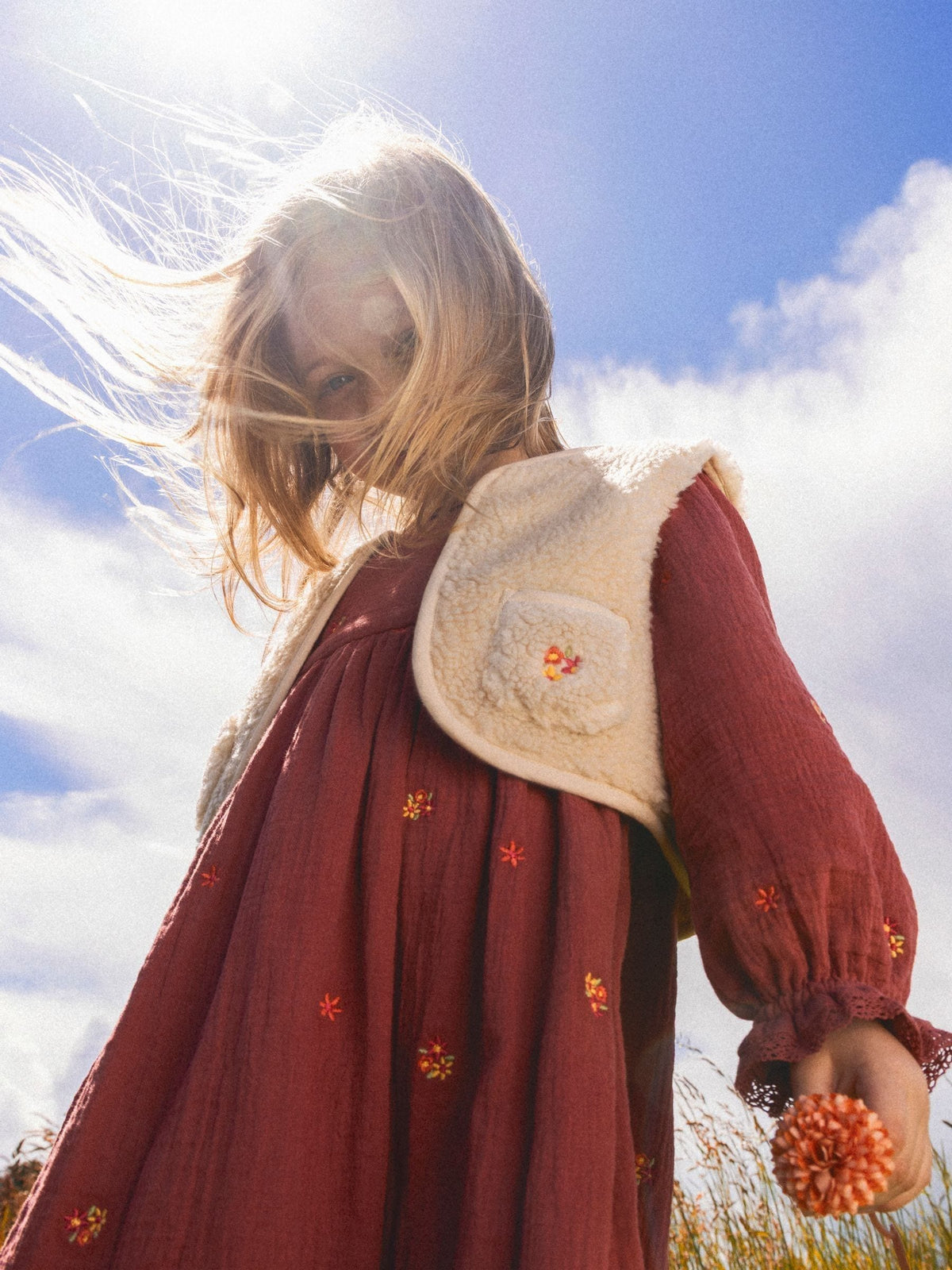 Dsiney Kidz - JoJo Maman Bébé Light Brown Floral Embroidered Cheesecloth Dress & Gilet image 1