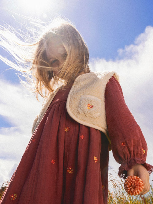 Dsiney Kidz - JoJo Maman Bébé Light Brown Floral Embroidered Cheesecloth Dress & Gilet image 1