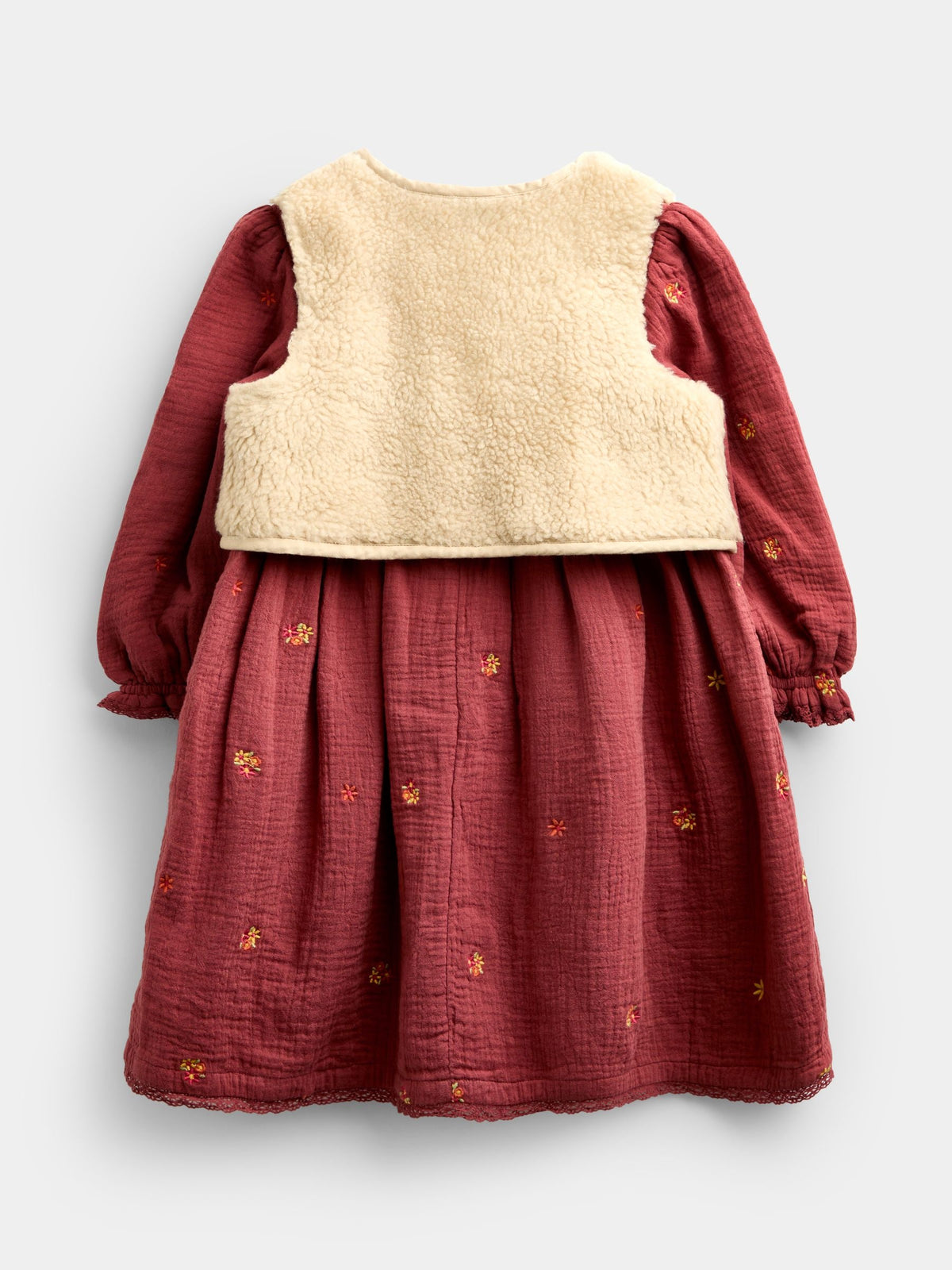 Dsiney Kidz - JoJo Maman Bébé Light Brown Floral Embroidered Cheesecloth Dress & Gilet image 3