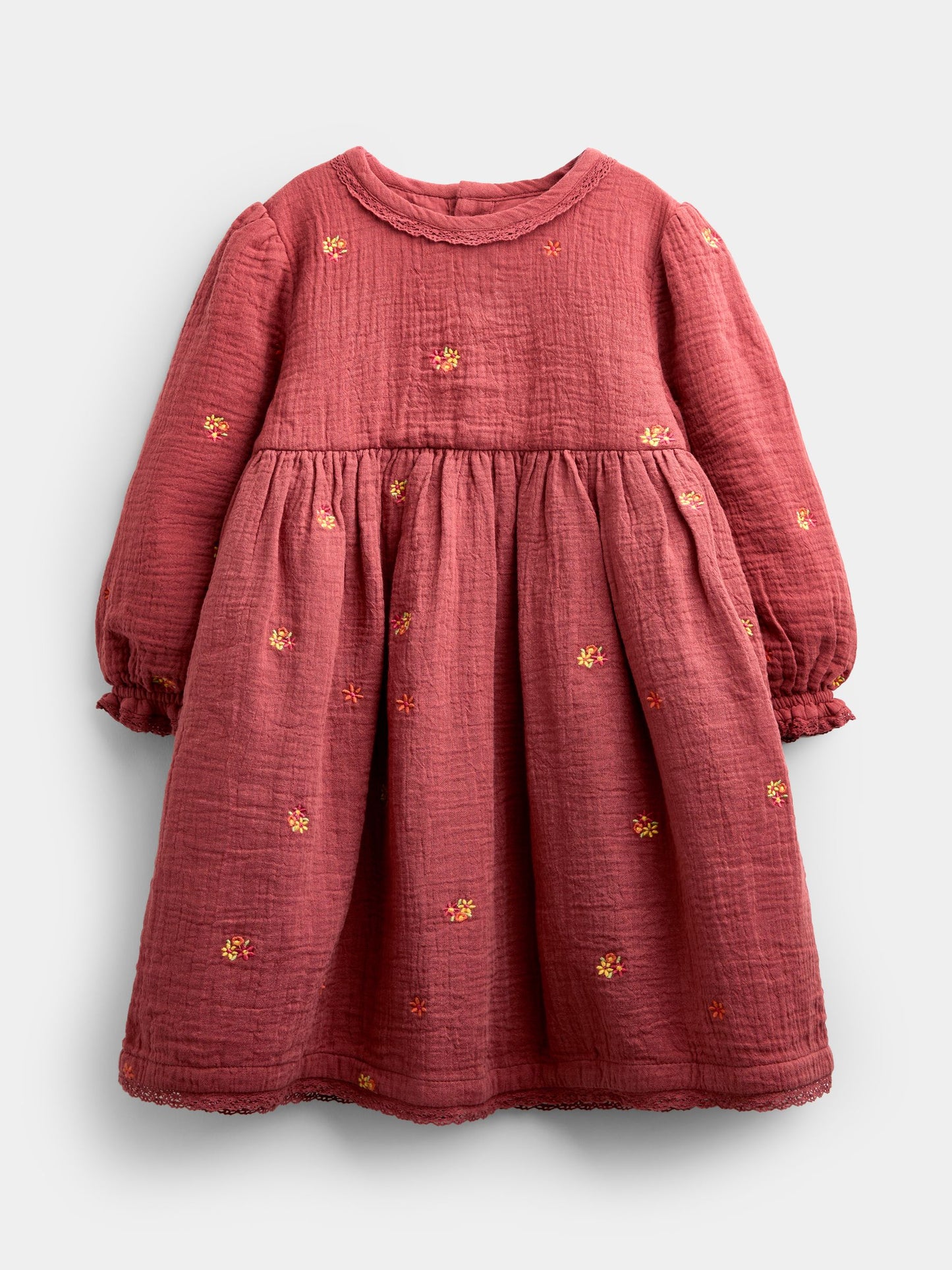 JoJo Maman Bébé Light Brown Floral Embroidered Cheesecloth Dress & Gilet image 4