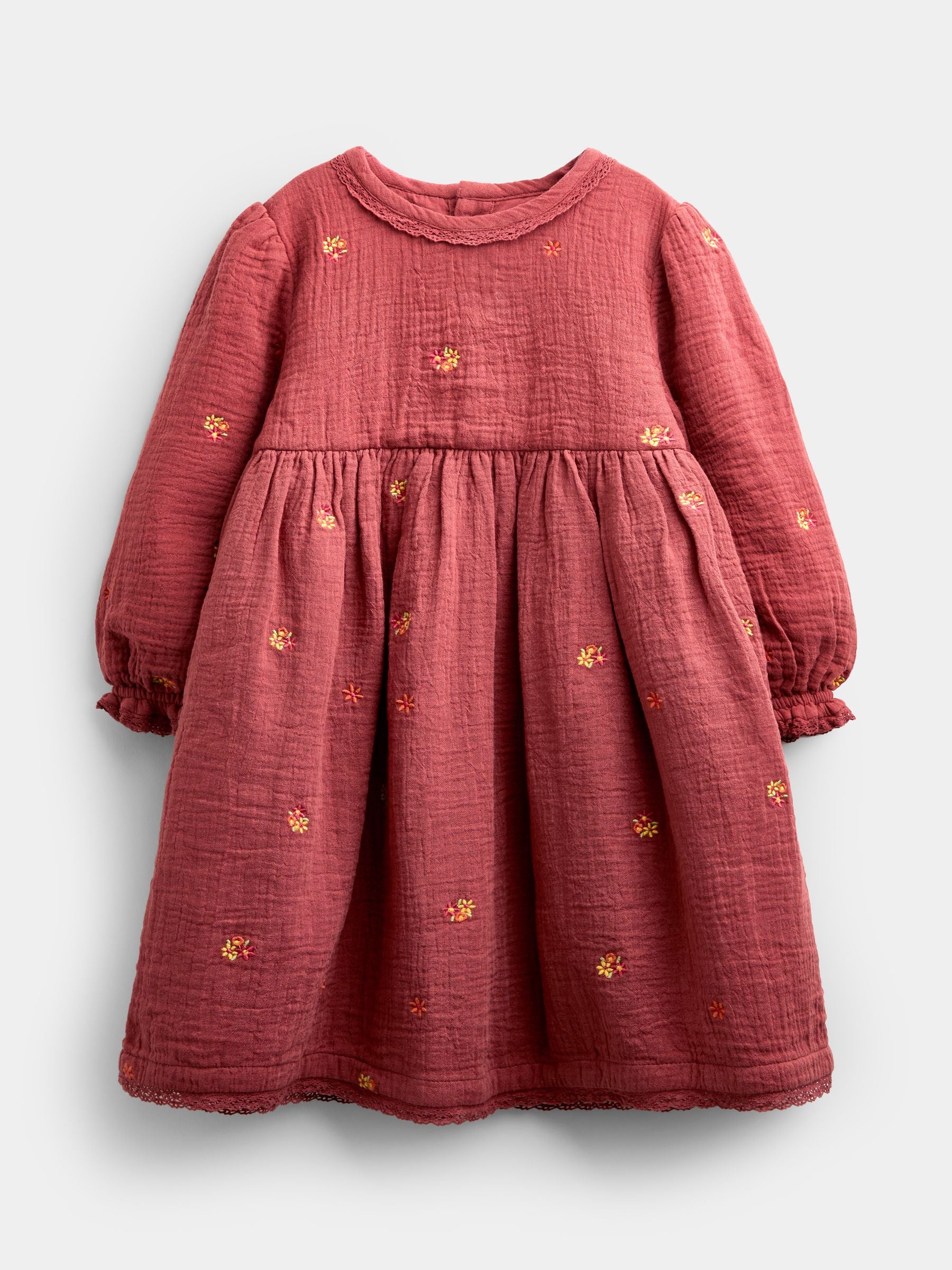 JoJo Maman Bébé Light Brown Floral Embroidered Cheesecloth Dress & Gilet image 4
