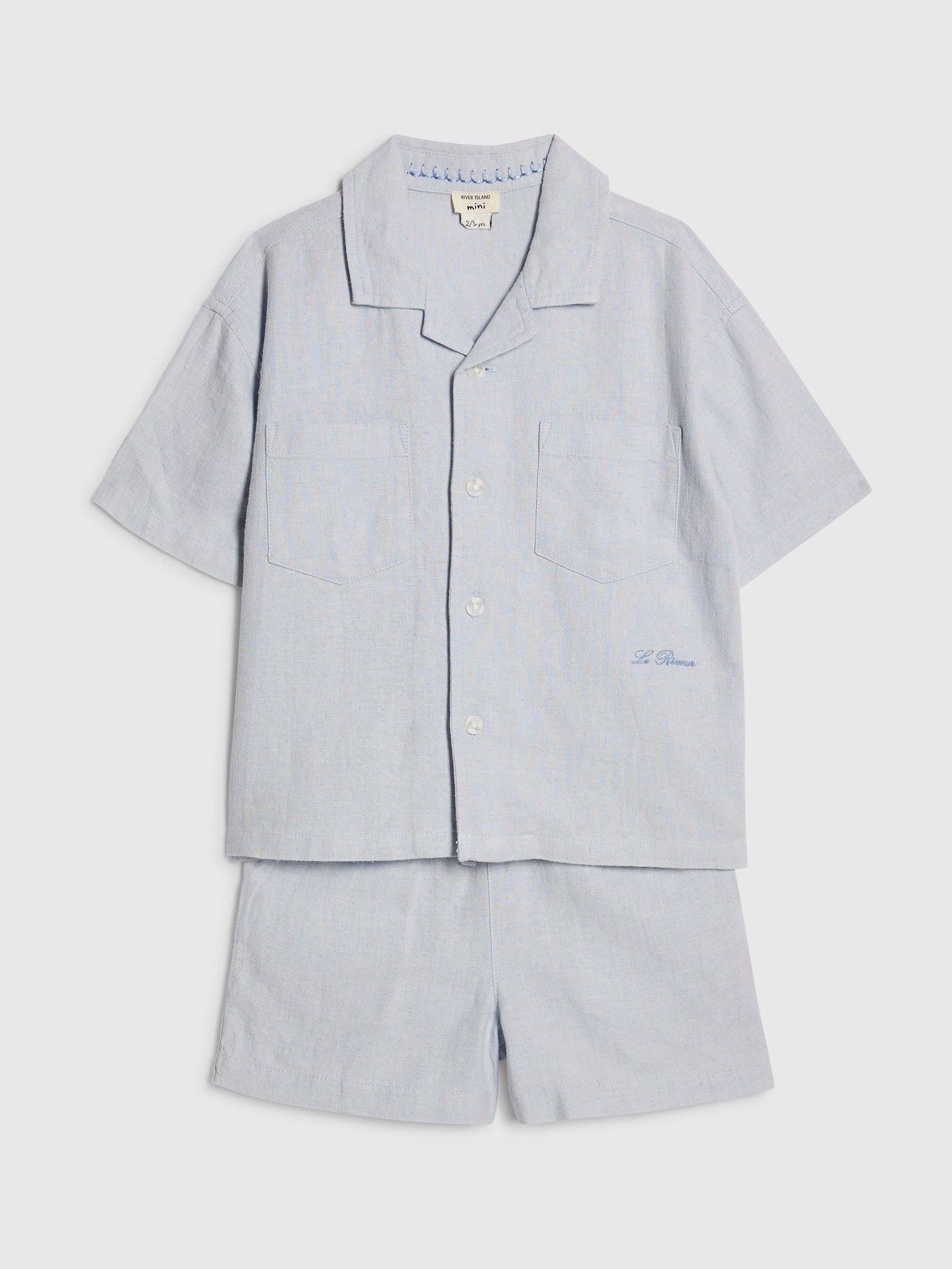 River Island Blue Short Sleeve Linen Shirt & Shorts Set image 2