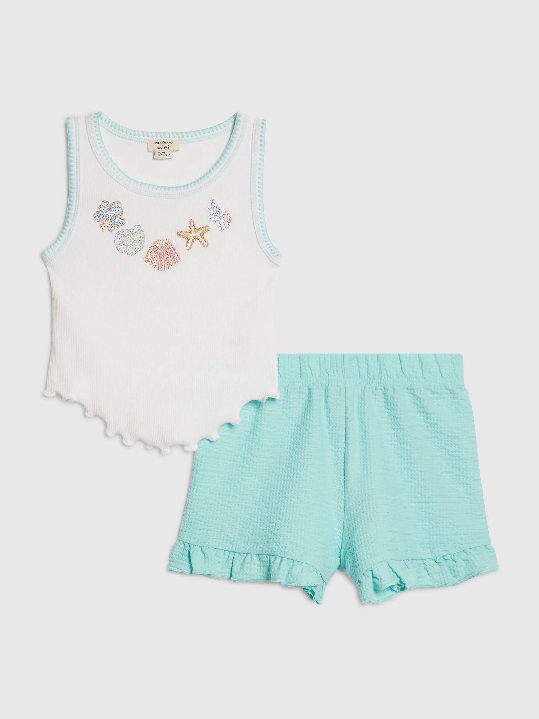 River Island Blue Hanky Hem Vest & Frill Shorts Set image 1