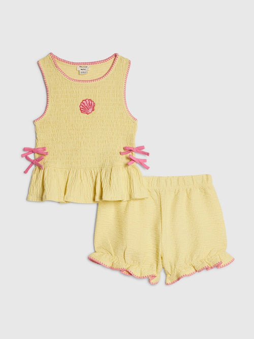 Dsiney Kidz - River Island Yellow Shirred Peplum Bow Top & Frill Shorts Set image 1