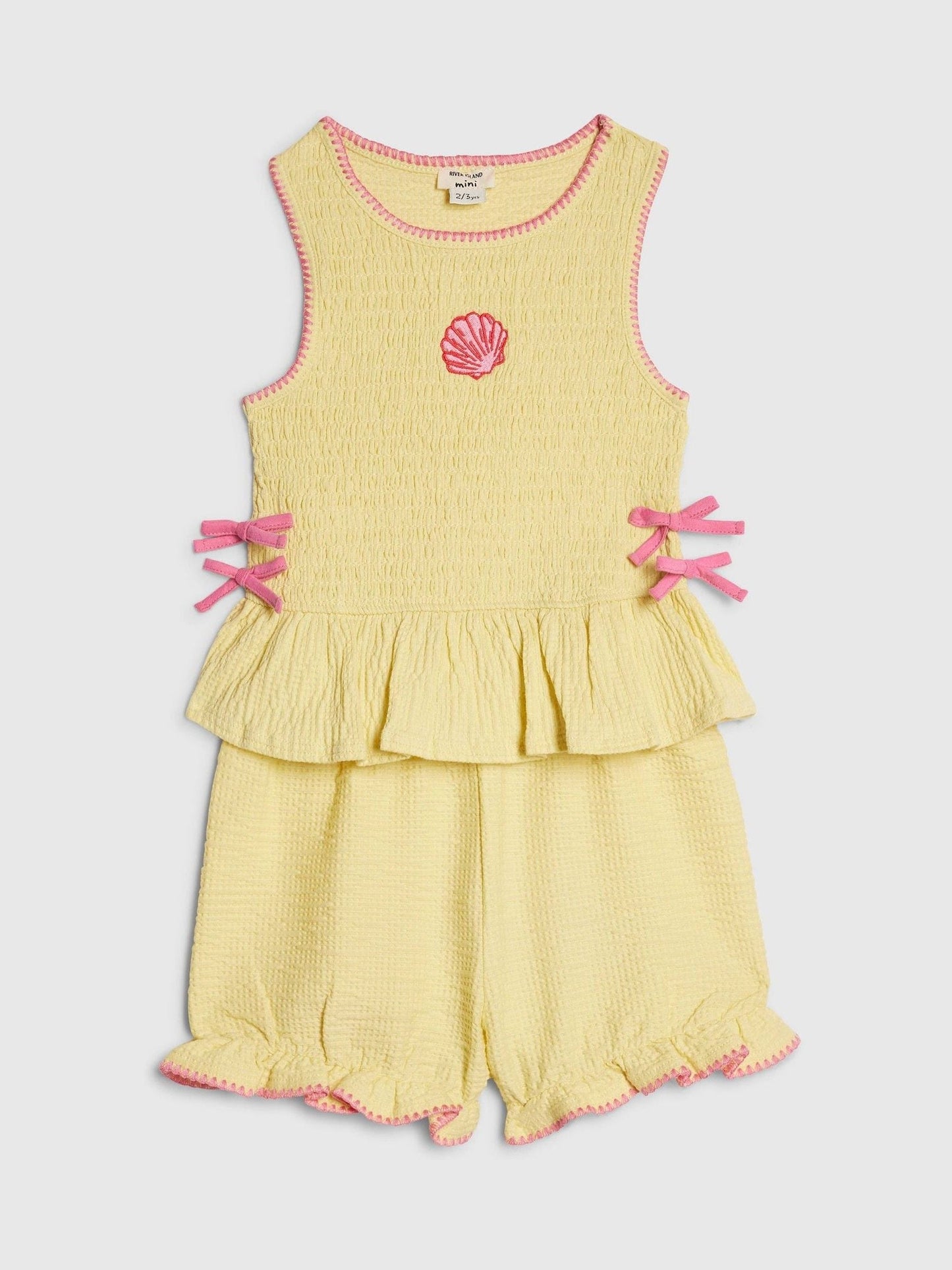 River Island Yellow Shirred Peplum Bow Top & Frill Shorts Set image 3