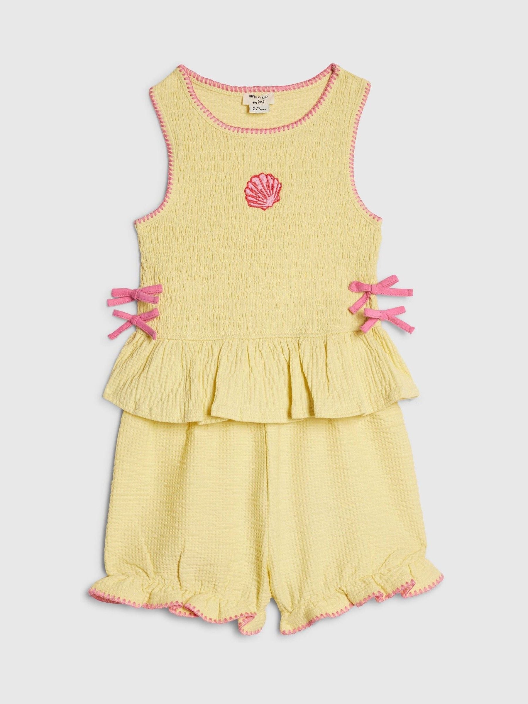 River Island Yellow Shirred Peplum Bow Top & Frill Shorts Set image 3