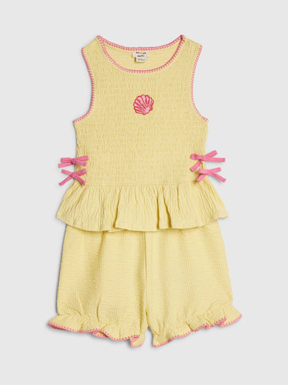 River Island Yellow Shirred Peplum Bow Top & Frill Shorts Set image 3