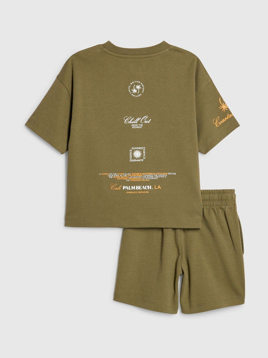 River Island Green Oversized Palm Beach Graphic T-Shirt & Shorts Set image 1