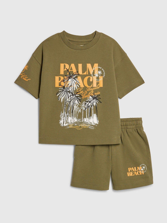 River Island Green Oversized Palm Beach Graphic T-Shirt & Shorts Set image 2
