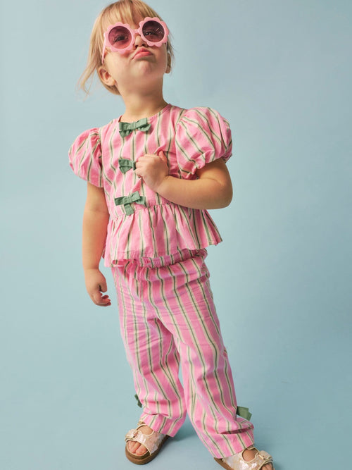 Dsiney Kidz - River Island Pink Stripe Puff Sleeve Top & Bow Wide Leg Set image 1
