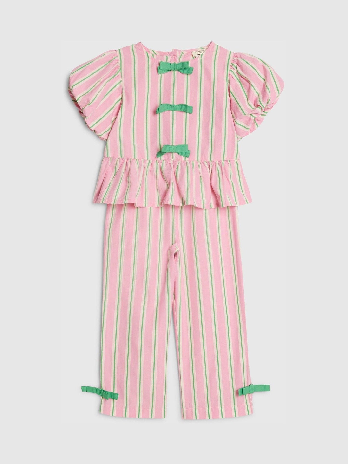 River Island Pink Stripe Puff Sleeve Top & Bow Wide Leg Set image 3