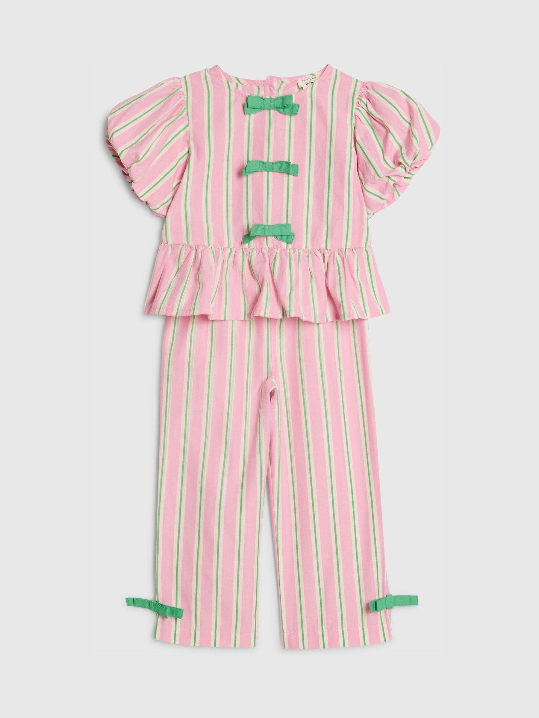 River Island Pink Stripe Puff Sleeve Top & Bow Wide Leg Set image 3