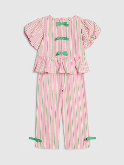 River Island Pink Stripe Puff Sleeve Top & Bow Wide Leg Set image 3