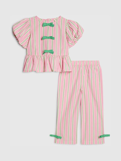 River Island Pink Stripe Puff Sleeve Top & Bow Wide Leg Set image 4