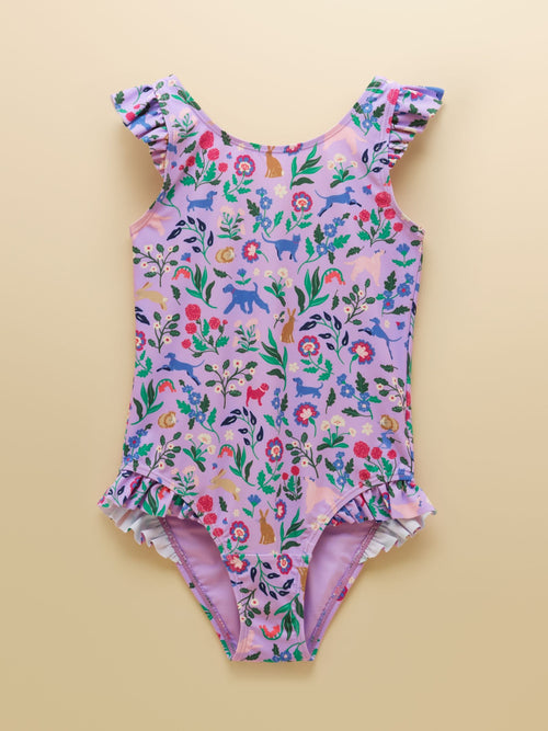 Dsiney Kidz - Joules Girls' Splash Lilac Dog Floral Swimming Costume image 1