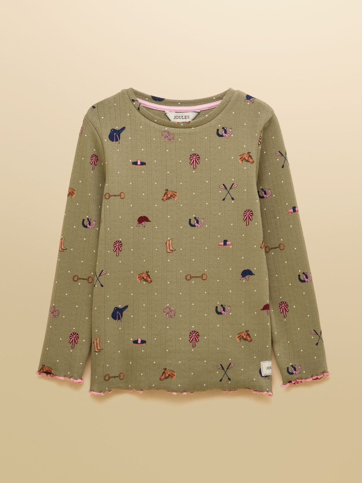 Joules Girls' Odelia Khaki Green Long Sleeve Pointelle Top - image 1