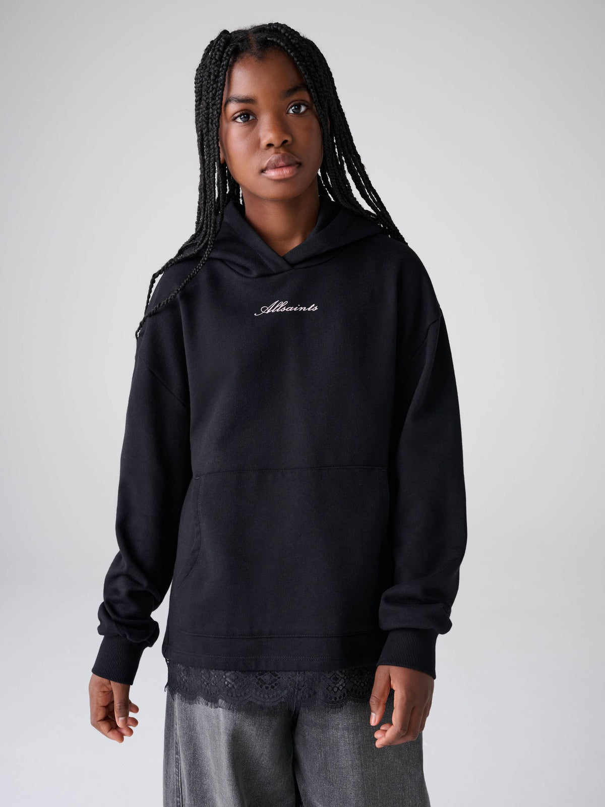 smALLSAINTS Black Script Lace Trim Hoodie - image 1