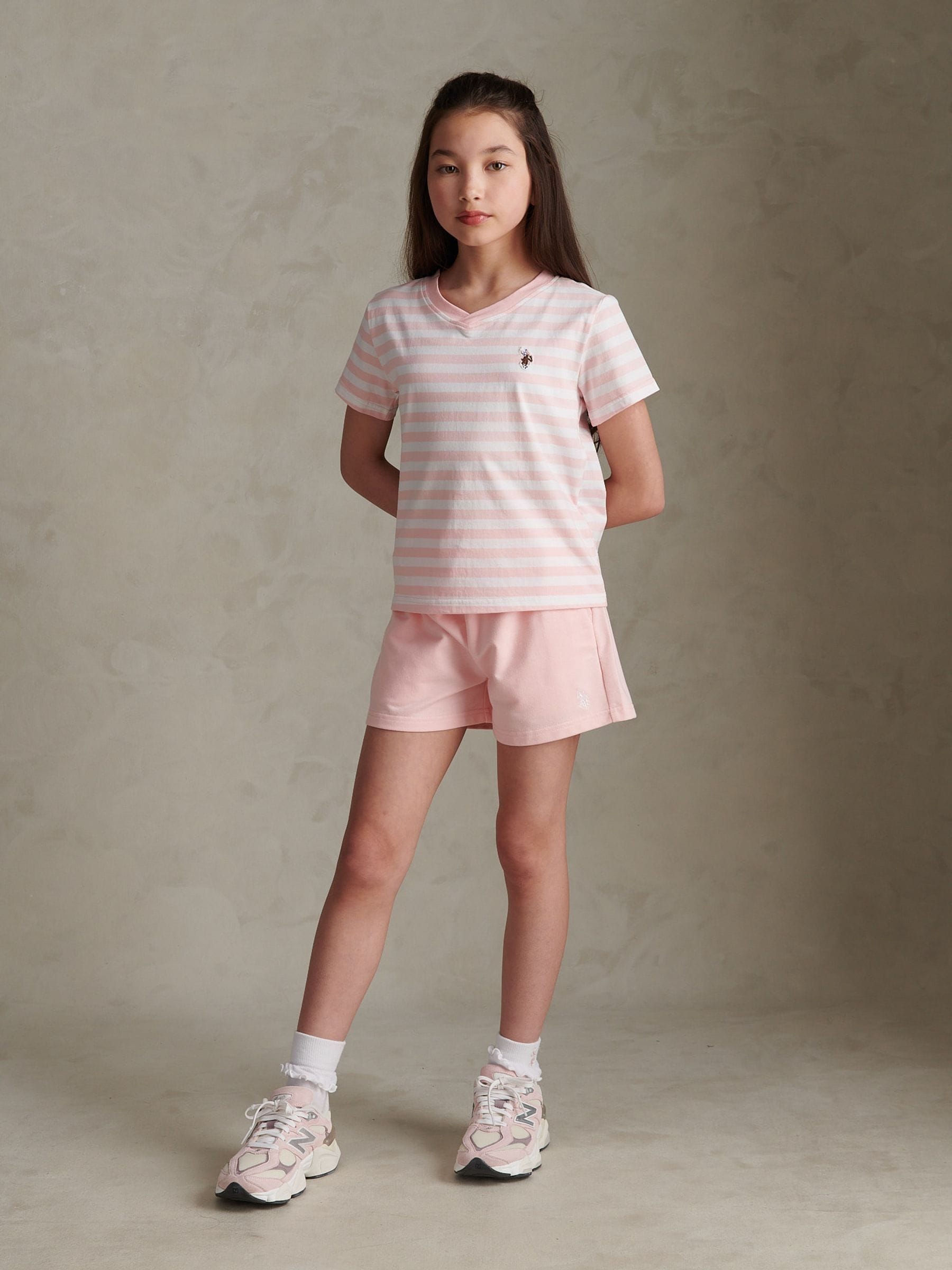 Dsiney Kidz - U.S. Polo Assn Pink Stripe V-Neck T-Shirt & Sweat Shorts Set image 1