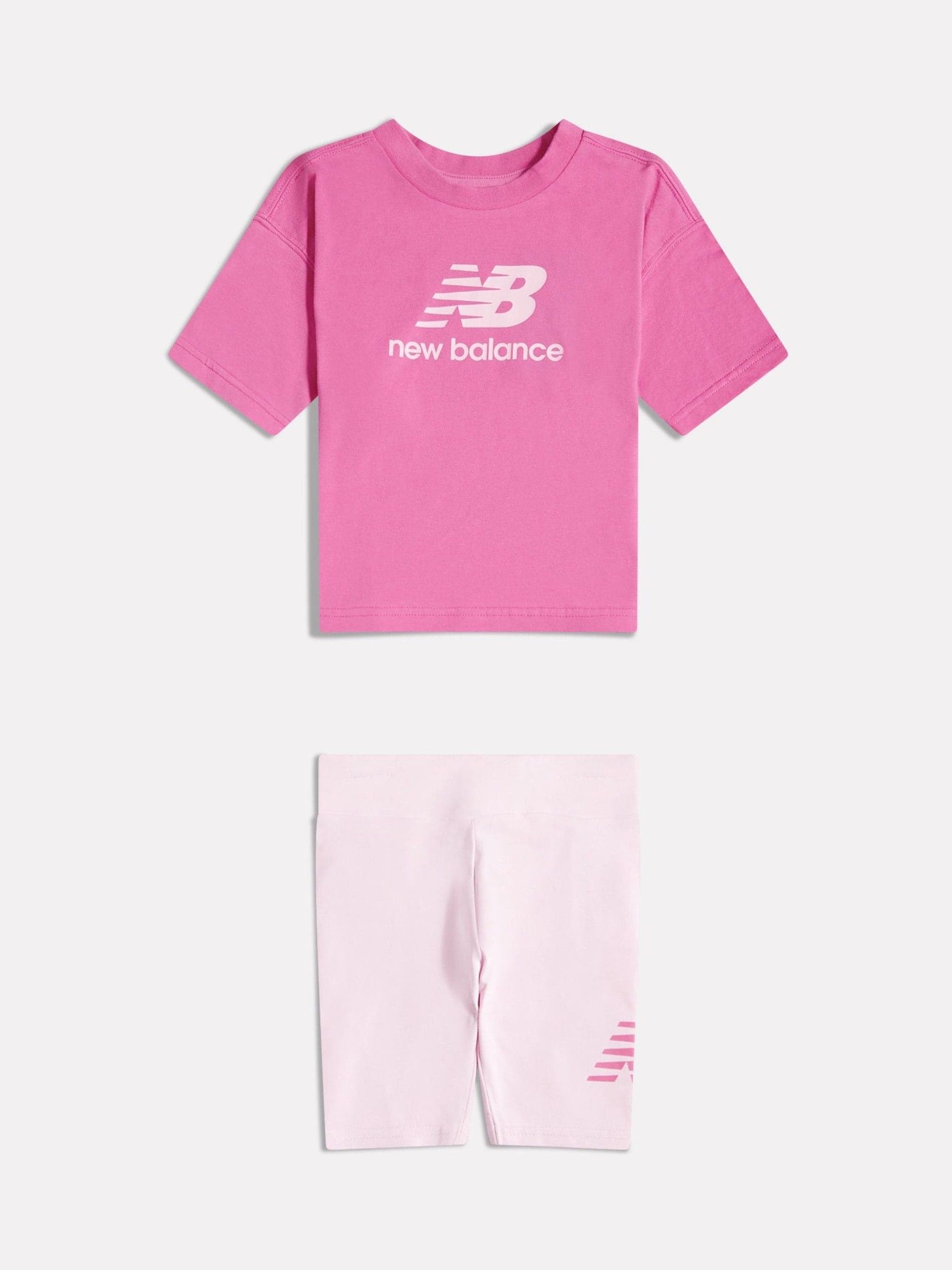 New Balance Pink Stacked Logo T-Shirt and Cycle Shorts Set image 1