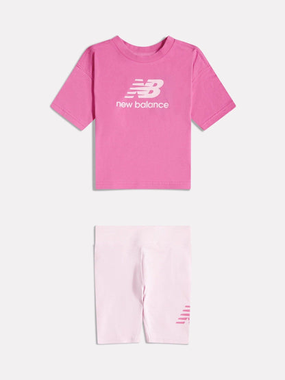 New Balance Pink Stacked Logo T-Shirt and Cycle Shorts Set image 1