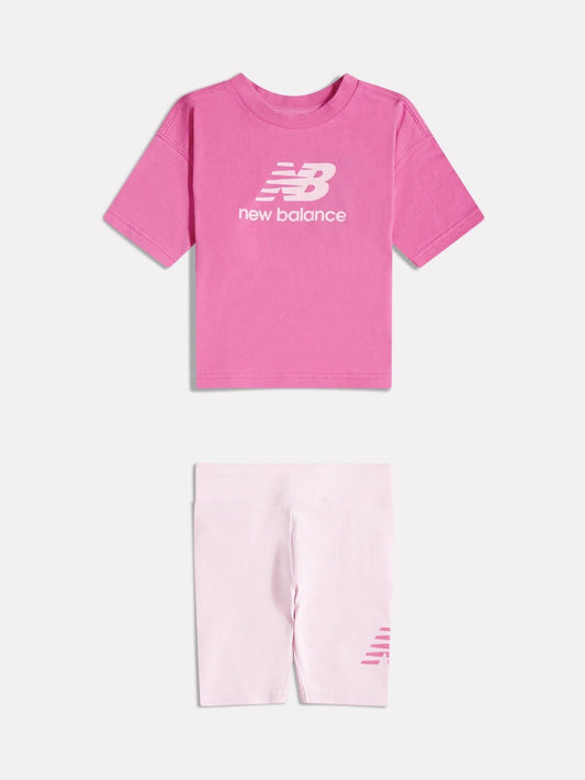 New Balance Pink Stacked Logo T-Shirt and Cycle Shorts Set image 1
