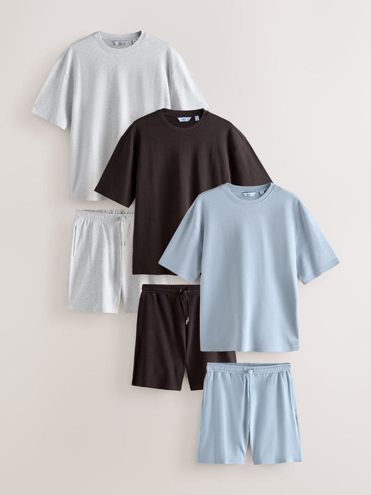 Blue / Brown / Grey Marl Co-ord T-Shirt And Shorts Set 3 Pack image 1