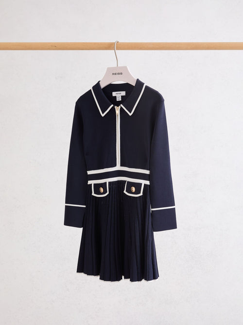 Reiss Navy Anne 9-13 yrs Pleated Tipped Knit Dress image 1