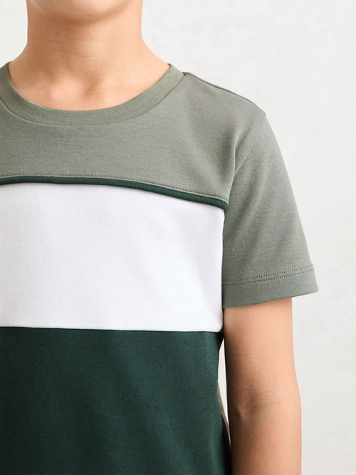 Reiss Dark Green/Sage/Off White Cole 9-13 yrs Cotton Colour-Block T-Shirt image 1