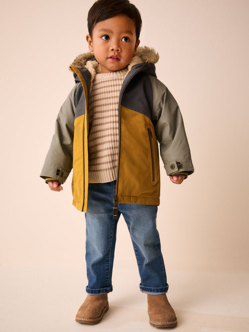 Ochre and Khaki Colour Block Fur Hood Waterproof Coat (3mths-7yrs) - image 1