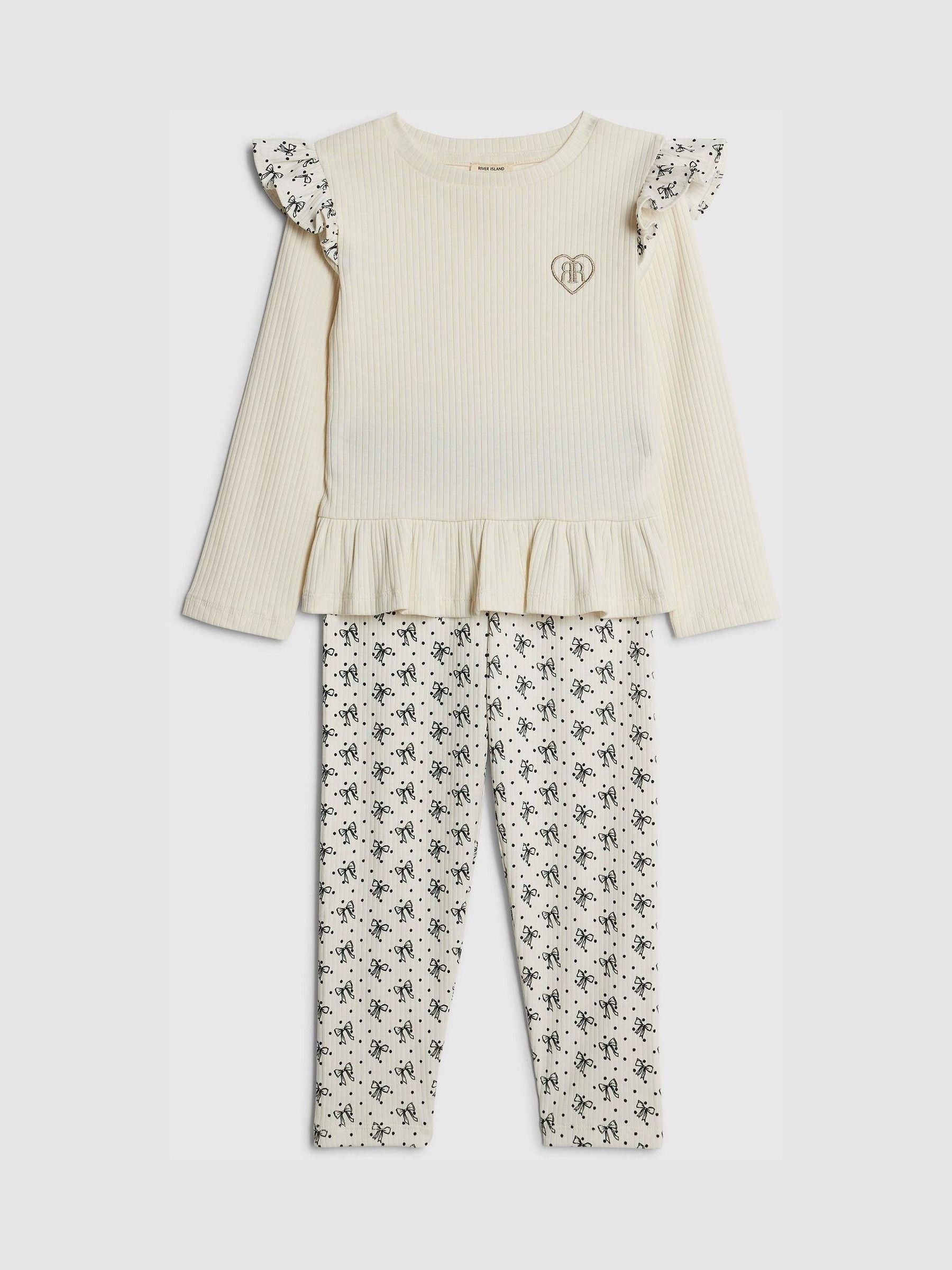 River Island Cream Frill Top & Rib Waist Band Leggings Set image 1