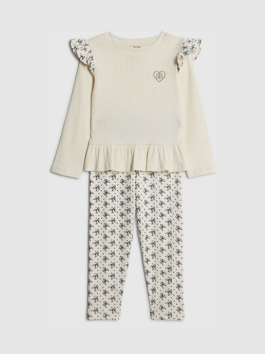 River Island Cream Frill Top & Rib Waist Band Leggings Set image 1