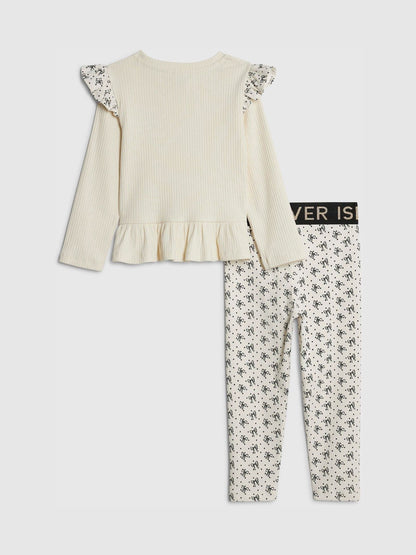 River Island Cream Frill Top & Rib Waist Band Leggings Set image 2