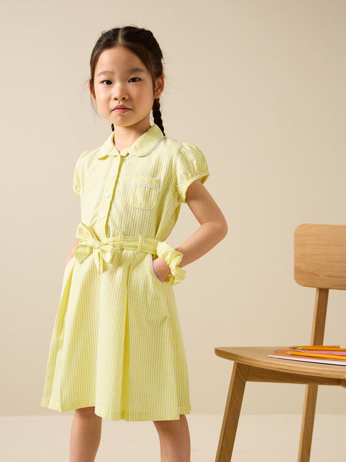 Dsiney Kidz - Yellow Cotton Rich Belted School Dress with Scrunchie (3-14yrs) image 1