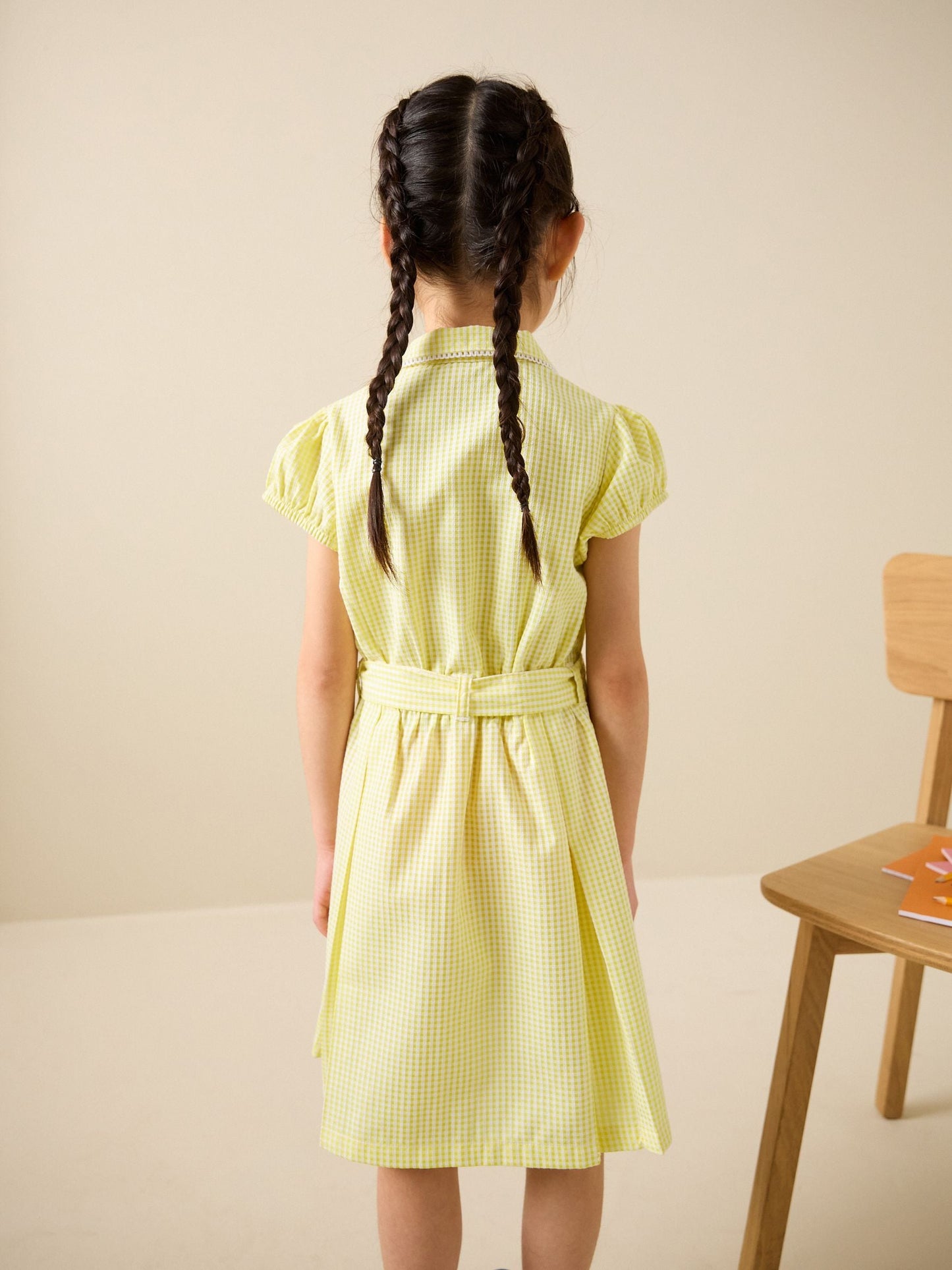 Yellow Cotton Rich Belted School Dress with Scrunchie (3-14yrs) image 3