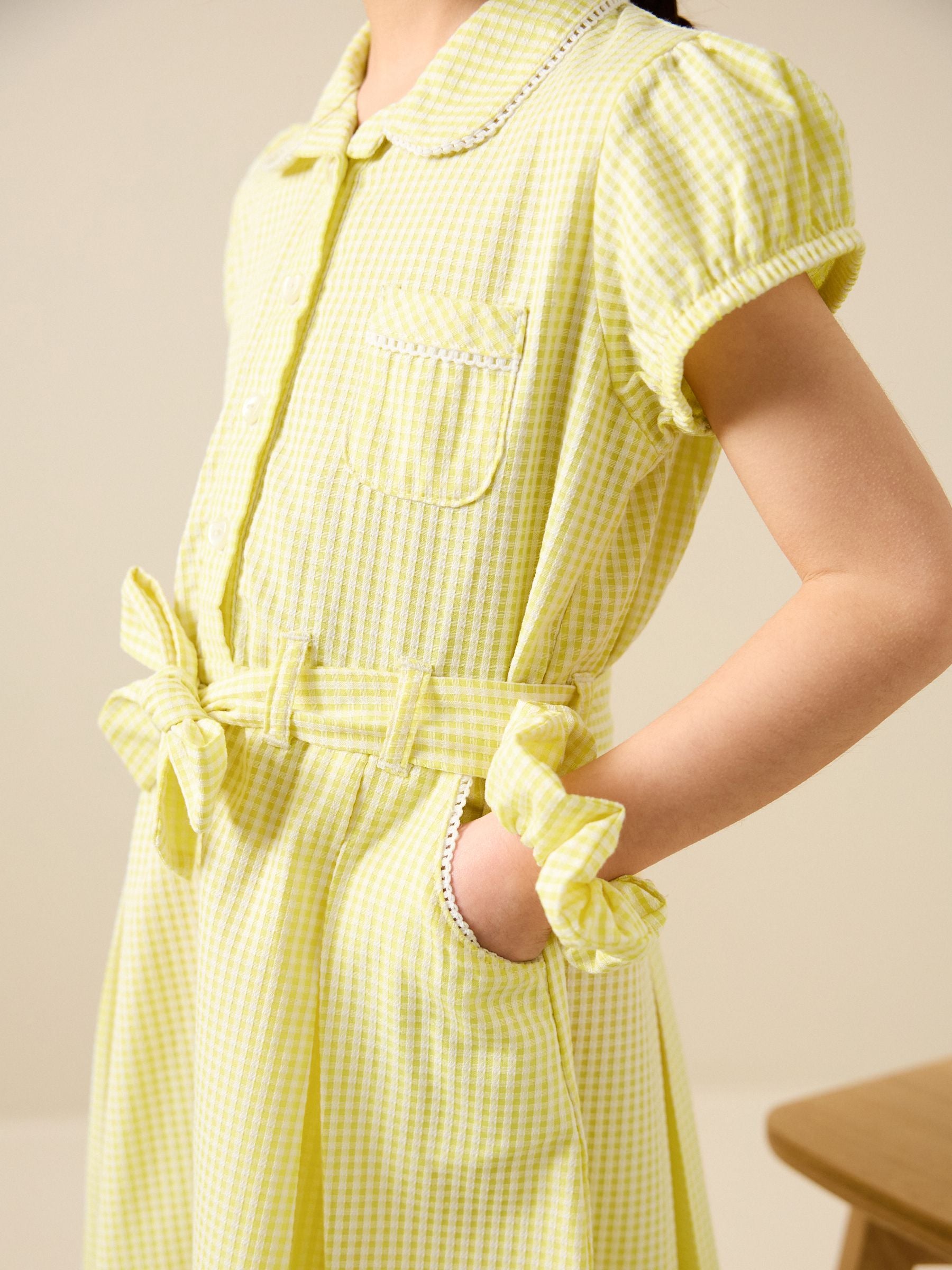 Yellow Cotton Rich Belted School Dress with Scrunchie (3-14yrs) image 5