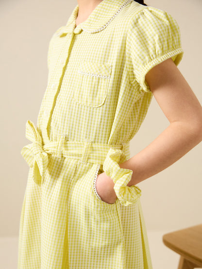 Yellow Cotton Rich Belted School Dress with Scrunchie (3-14yrs) image 5