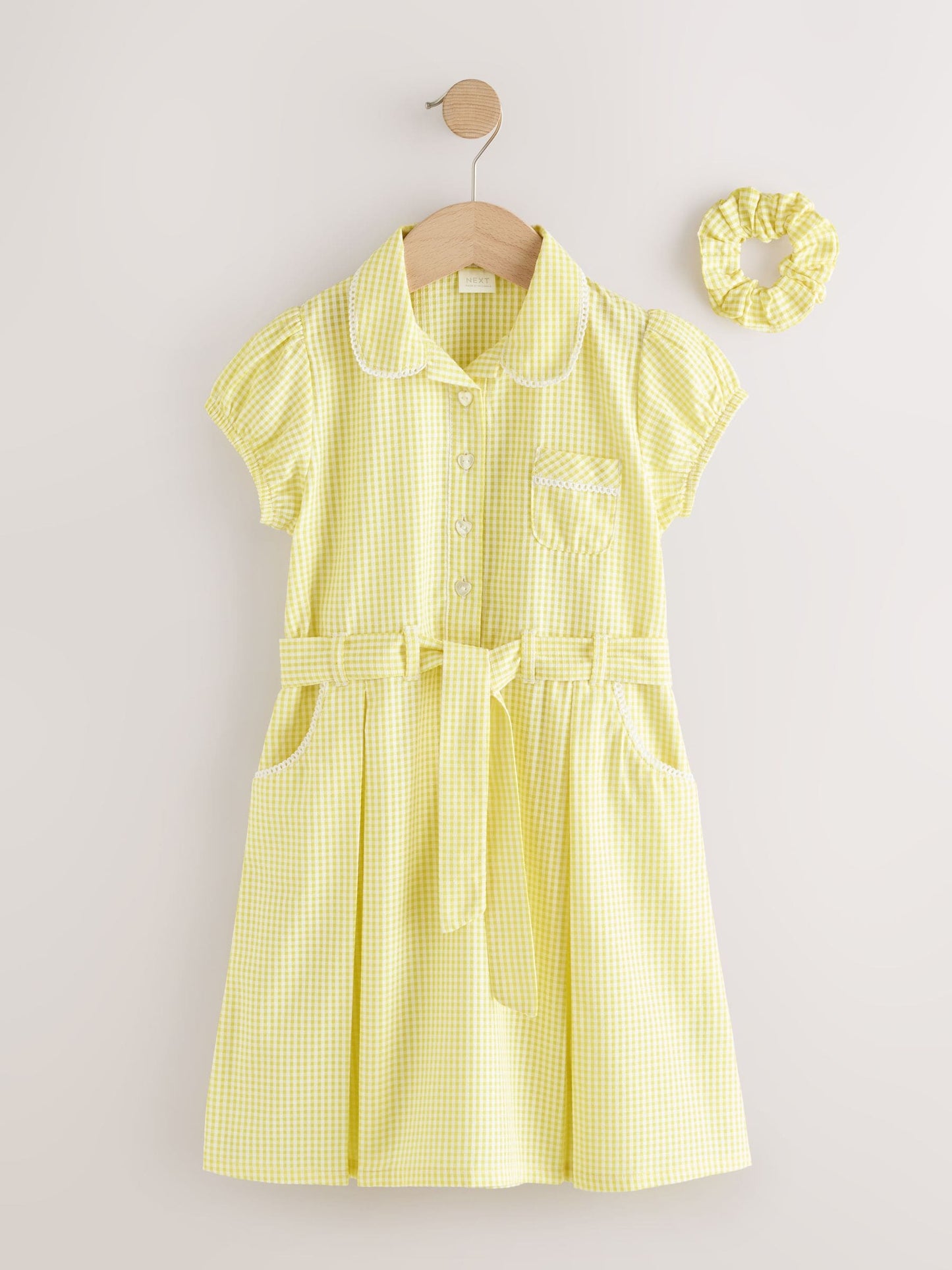Yellow Cotton Rich Belted School Dress with Scrunchie (3-14yrs) image 6