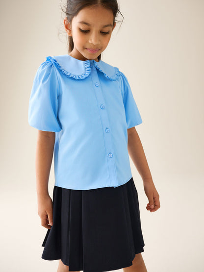 Dsiney Kidz - Blue Girls Premium Cotton Rich Frill Collar School Blouse (3-14yrs) image 1