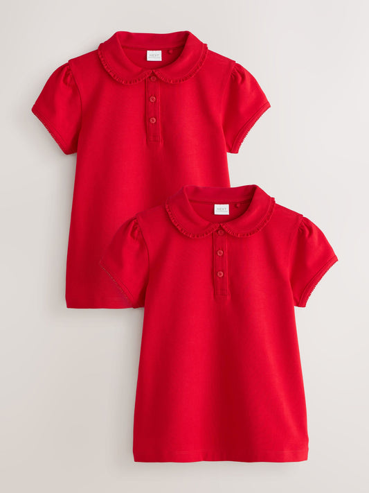 Dsiney Kidz - Red Girls Cotton Stretch Frill Collar School Polo Tops 2 Pack (3-16yrs) image 1