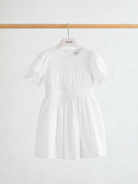 Reiss White Amber 3-9 yrs Cotton Shirred Puff-Sleeve Dress image 2