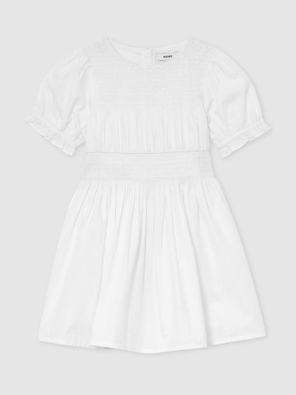 Reiss White Amber 3-9 yrs Cotton Shirred Puff-Sleeve Dress image 1