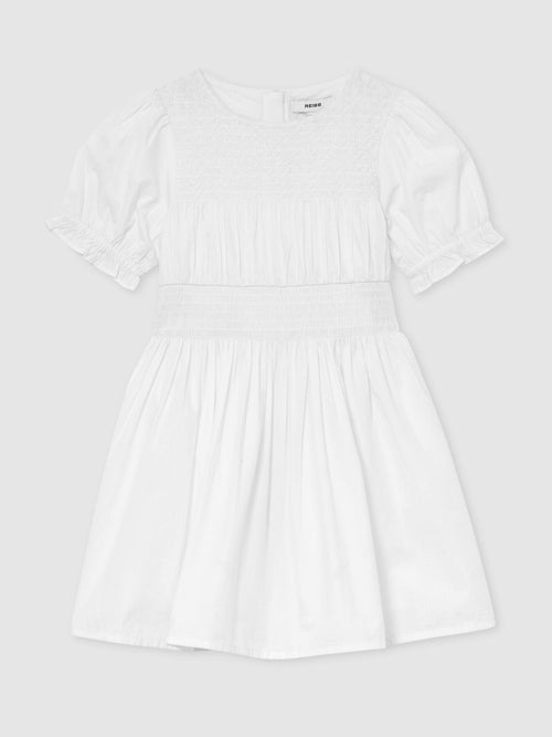Reiss White Amber 3-9 yrs Cotton Shirred Puff-Sleeve Dress image 1
