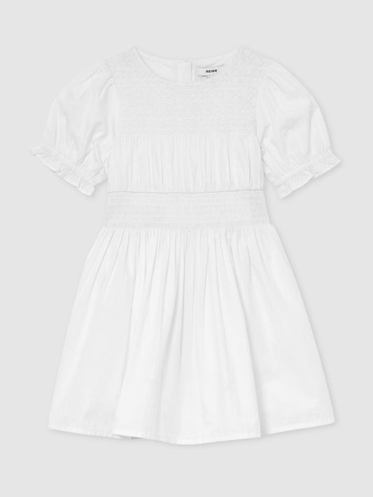 Reiss White Amber 3-9 yrs Cotton Shirred Puff-Sleeve Dress image 1