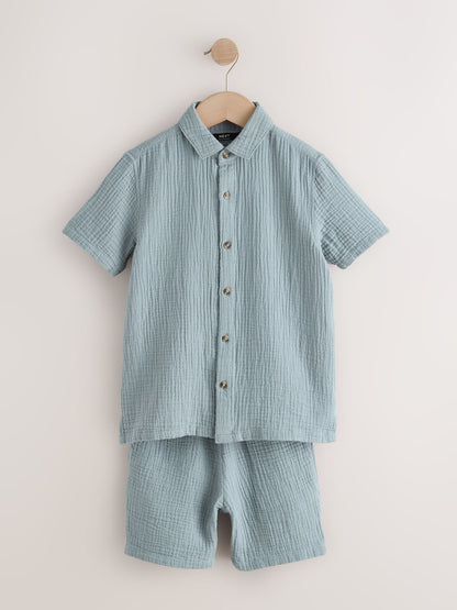 Dsiney Kidz - Dark Blue Short Sleeve Double Cloth Textured Shirt and Shorts Set (3-16yrs) image 1