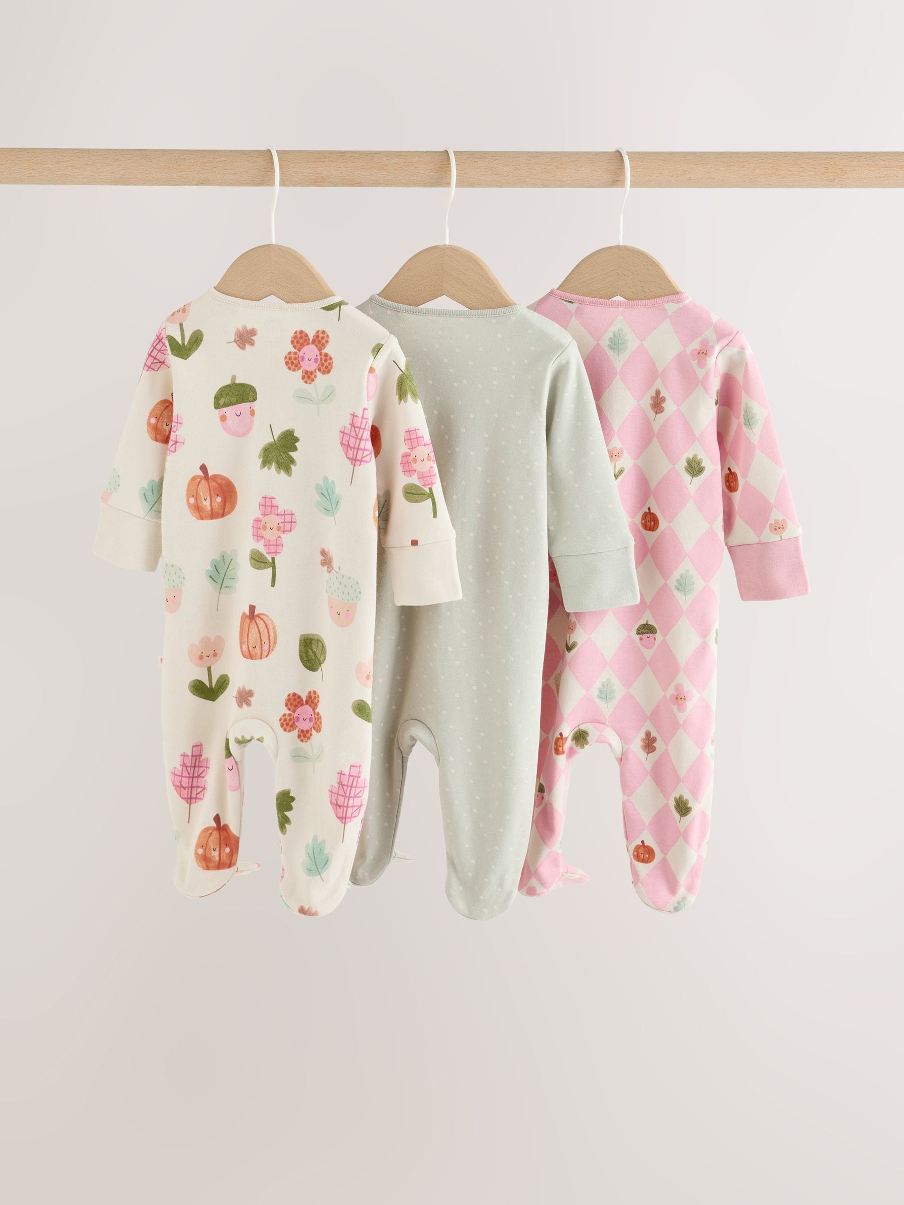 Sage Green Pumpkin Two Way Zip Baby Sleepsuits 3 Pack (0-3yrs) image 5